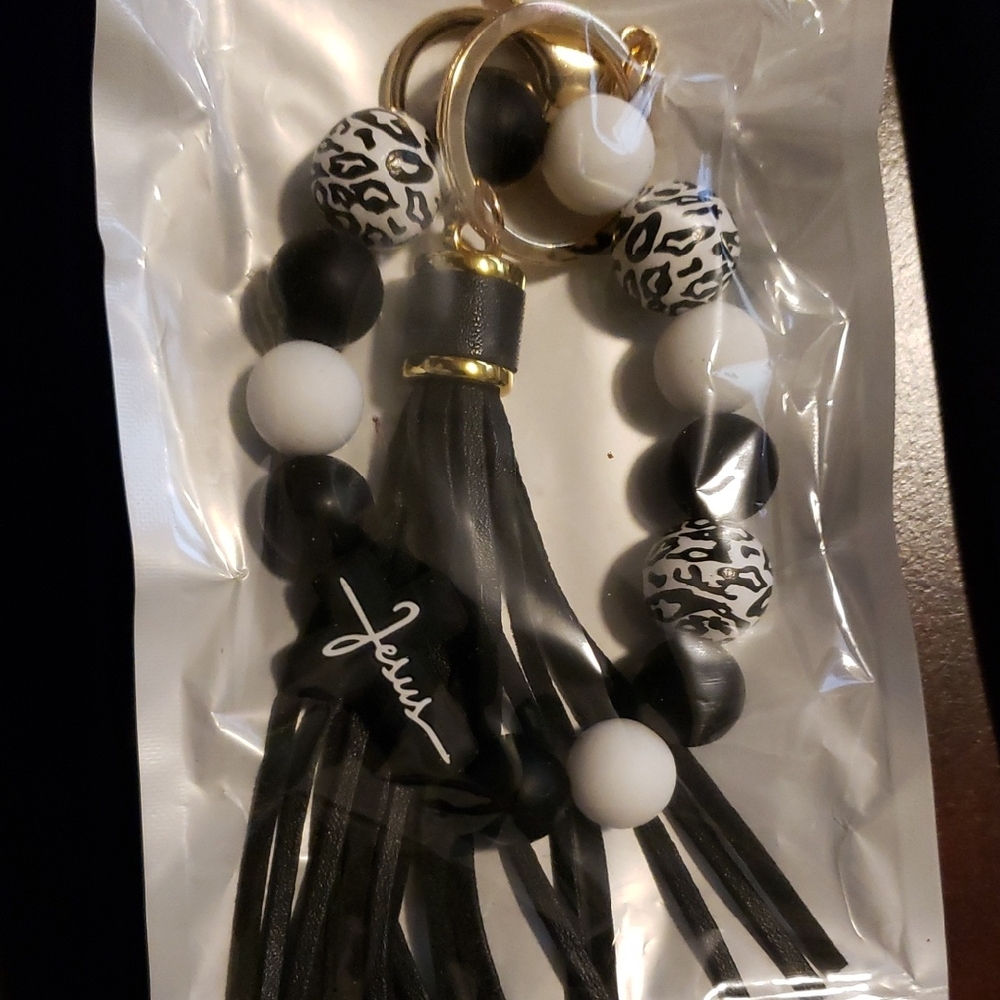 Black and White Beaded Key with Tassel